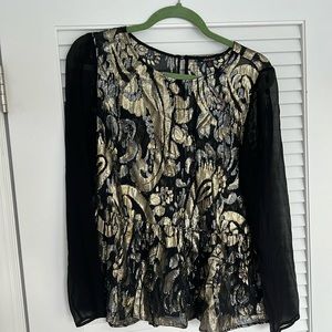 Ella Moss size M sheer peplum blouse with gold and silver metallic pattern